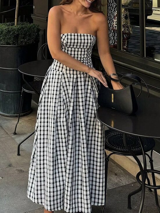 Dresses & Skirts - Black And White Casual Women's Plaid Pleated Tube Dress